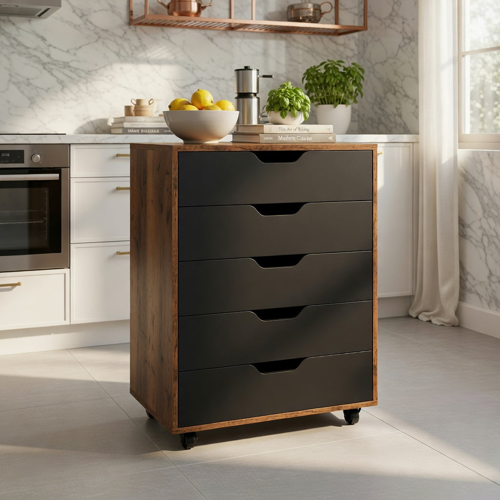Demi Bonn 5 Drawer Mobile Lateral Filing Cabinet Storage Home Office Floor Cabinet with 4 Wheels, Brown