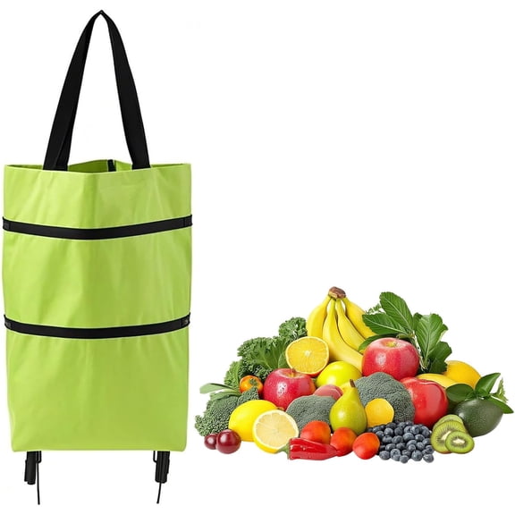 Green Foldable Wheeled Grocery Cart, Lightweight Waterproof Shopping Tote for Elderly Market Camping