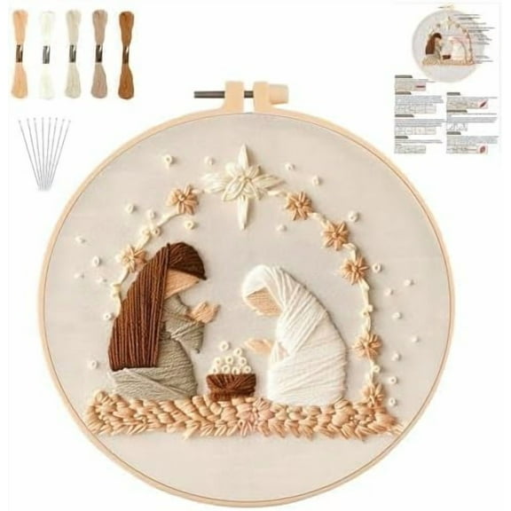 Nativity Scene Embroidery kit Christmas Cross Stitch Kits DIY Embroidery Kit for Adults with Pattern Cotton Threads Needles Instruction 20cm Hoop for Decor Home Room (Manger)