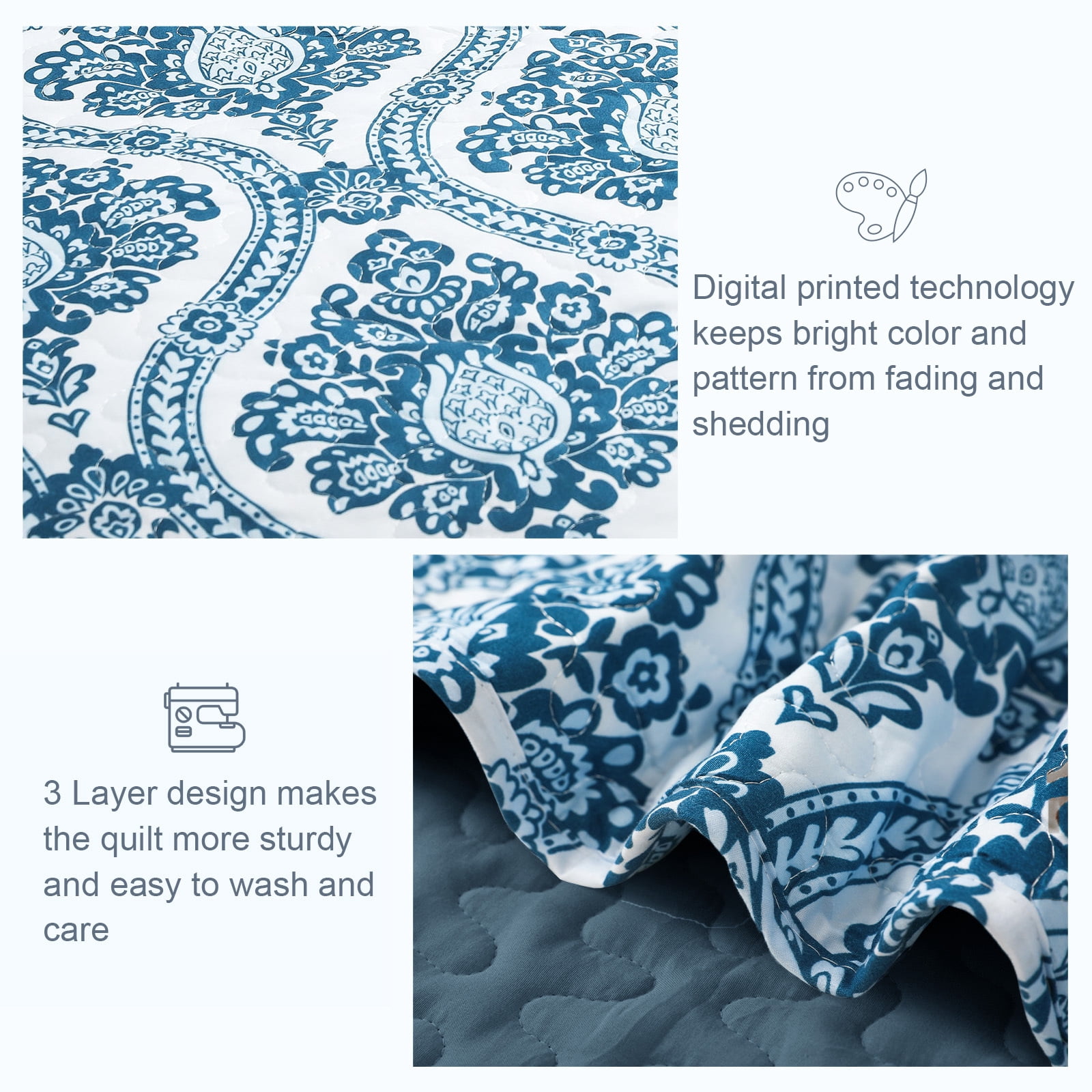 Exclusivo Mezcla 3 Pieces King Size Boho Damask Quilt Set, Microfiber Lightweight Bedspreads/ Coverlet/ Bedding Set with 2 Pillow Shams (96"x 104", Navy)