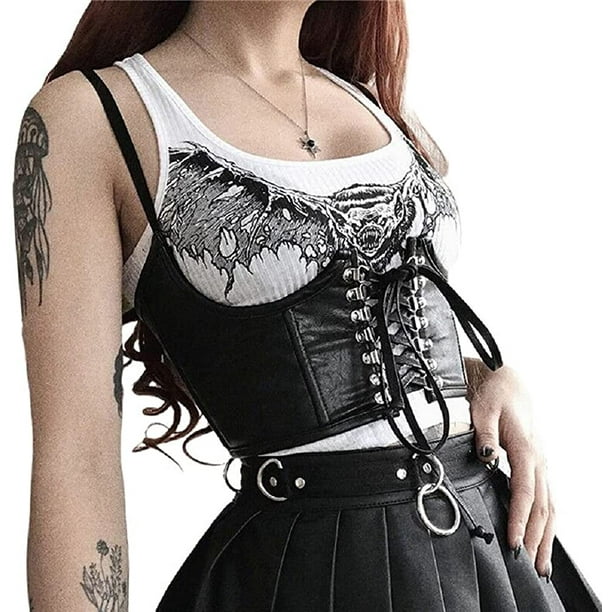 Women's PU Leather Bustier Crop Tops Gothic Punk Lace Up Tank Tops