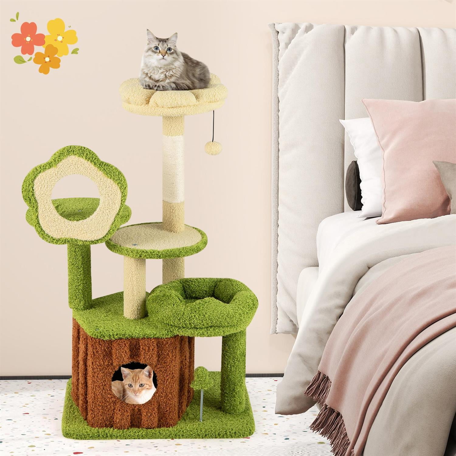 Pefilos Cute Multi-Level Cat Tree for Adult Cats, Trunk Condo & Flower-shaped Perch, Sisal Posts & Hanging Toys, Green