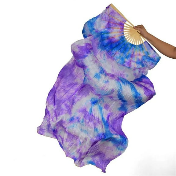Real Silk Belly Dance 1Pair Veil Fans Handmade Dyed Tie Dye Belly Danc Performance Silk Fans