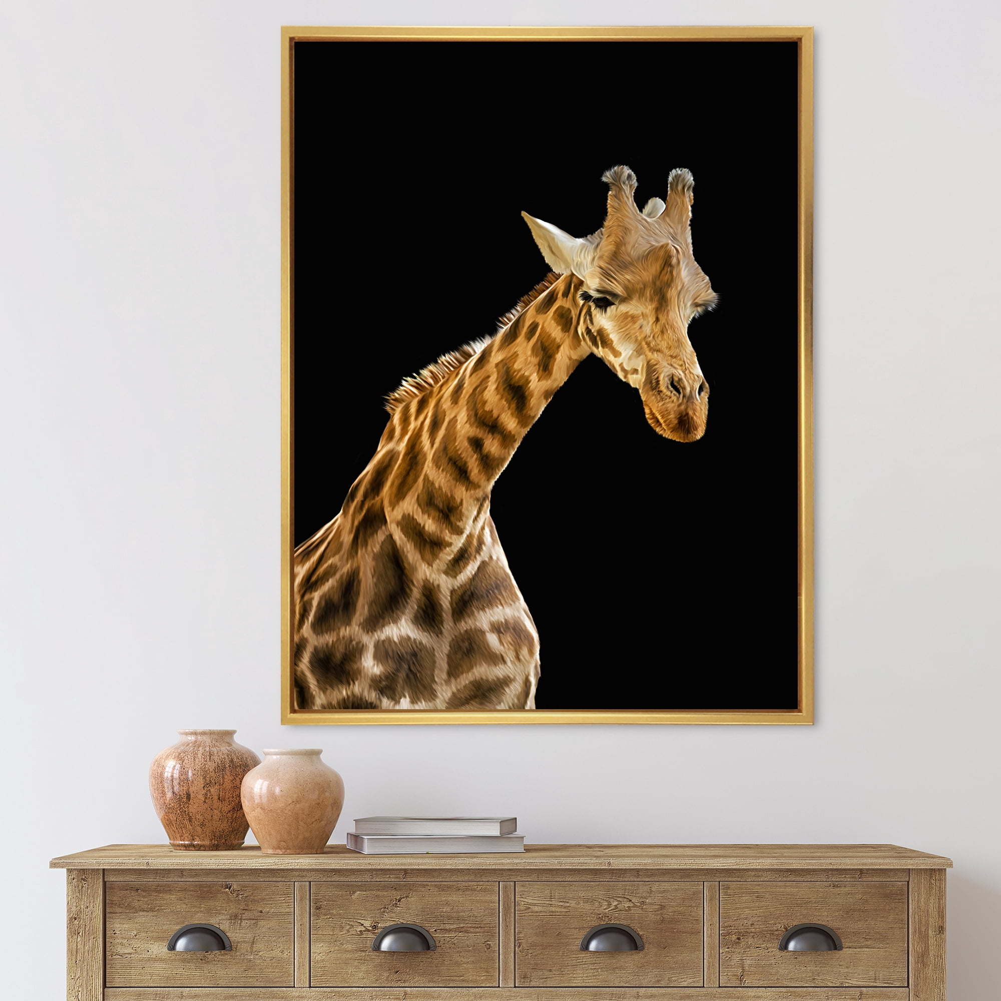 Designart 'Portrait of A Giraffe On Black Background II' Farmhouse Framed Canvas Wall Art Print