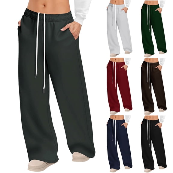 Tqyyweavej Sweat Pants for Women Drawstring Athletic Wide Leg Trousers Straight Leg Solid Color Stretch Pants with Pockets S-2XL