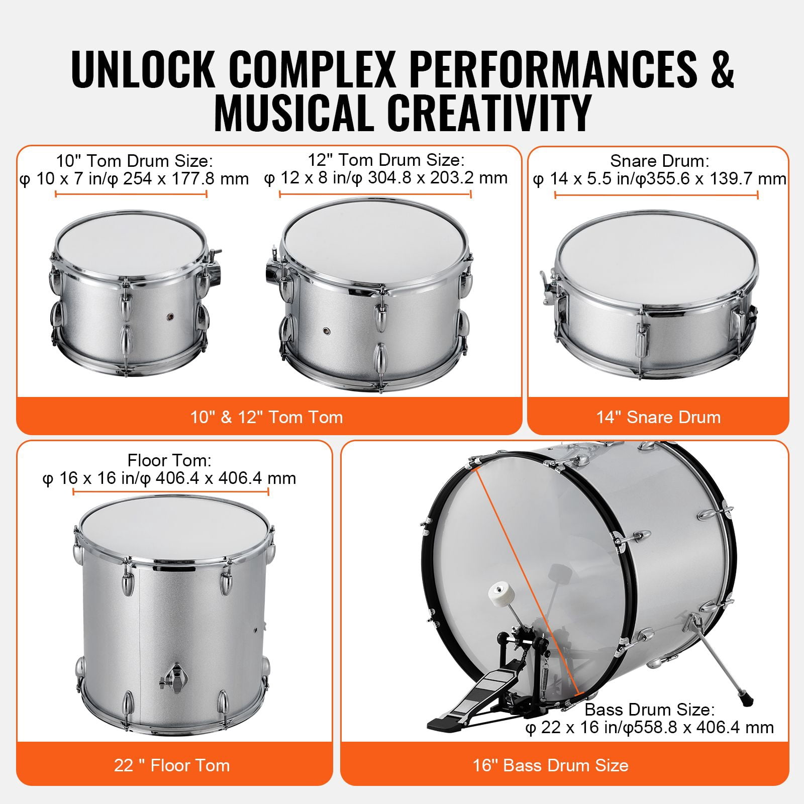 Adult Drum Set, 5-Piece, 22 inches Complete Full Size Drum Kit with Bass Toms Snare Floor Drum Adjustable Throne Stands Cymbal Hi-Hat Pedal and Drumsticks, Beginner Drum Kit for Adults, Silver
