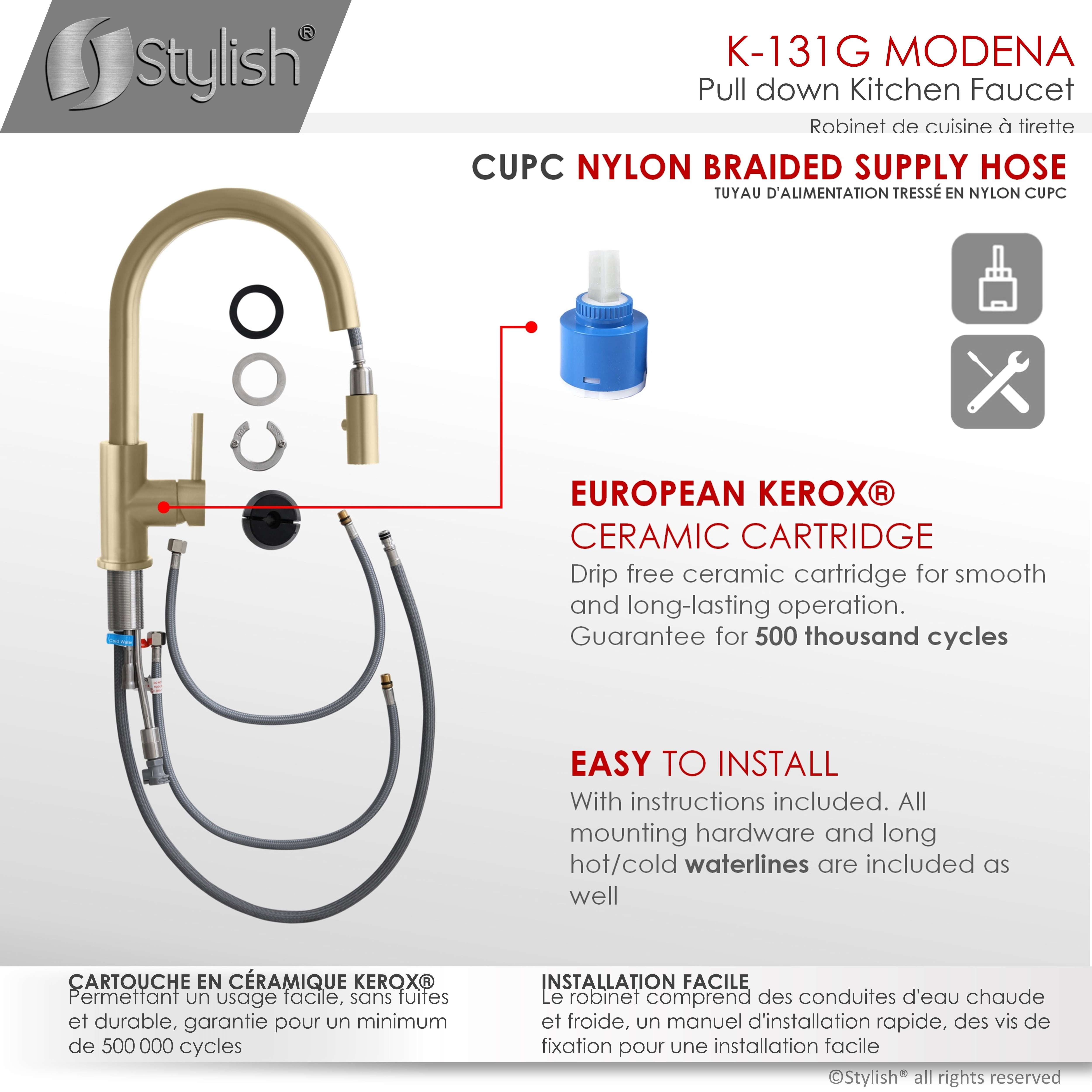 Stylish Modena Ht 14" Brushed Gold Single Handle Pull Down Kitchen Faucet K-131G