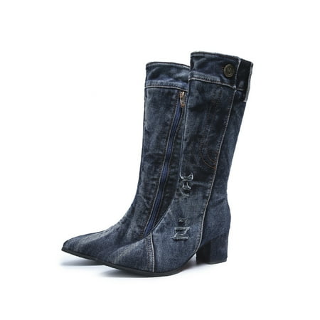 

Fangasis Women Breathable Denim Boot Sexy Comfort Mid Calf Boots Party Casual Side Zip Shoes Blue 7