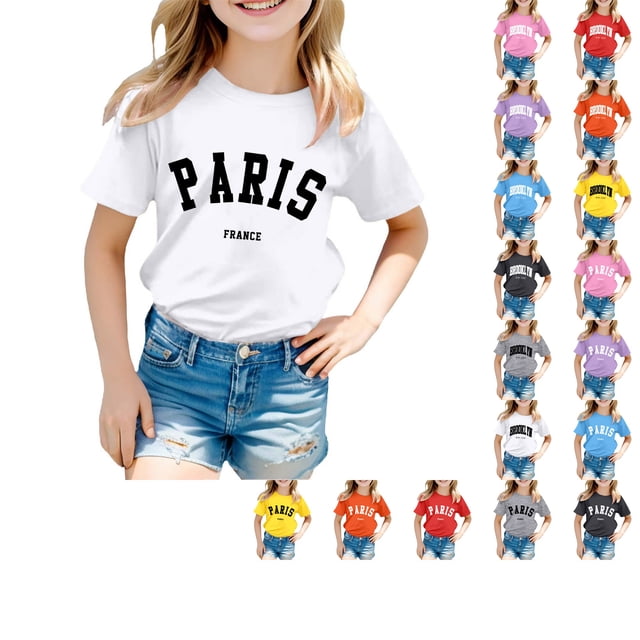 SUXIAN T-Shirts Quotidiens pour Enfants Mode Décontractée Imprimé Col Rond Ample Manches Courtes T-Shirt Haut Col Rond Hauts pour Filles Blanc_004 3-4 Ans