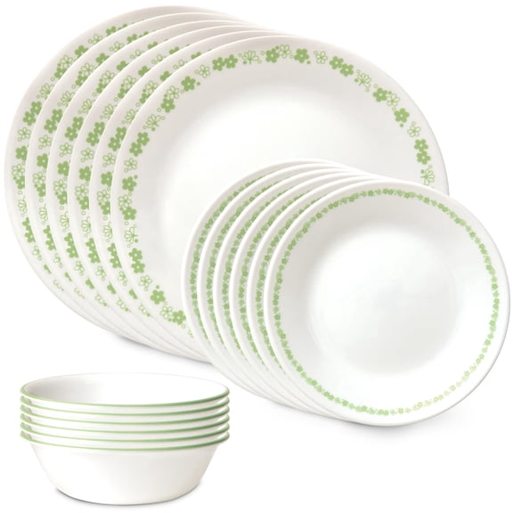 Corelle Vitrelle Spring Blossom Green 18-Piece Dinnerware Set, Service for 6, Chip Resistant
