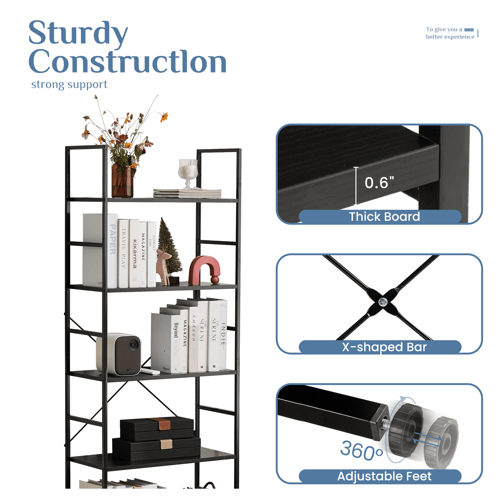 MAYEERTY 5 Tiers Bookshelf, Modern Open Bookshelf, Storage Rack Shelves in Living Room/Home/Office, Black