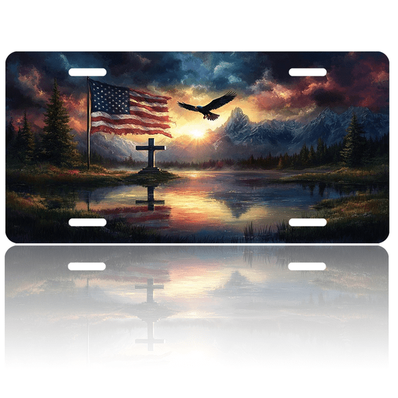 Patriotic License Plate American Flag Cross Aluminum Metal Car Tag National US 250 Years, Novelty Decorative License Plates, Thick Durable Automotive Front Plate for Car, Truck, SUV, 6 X 12 Inch
