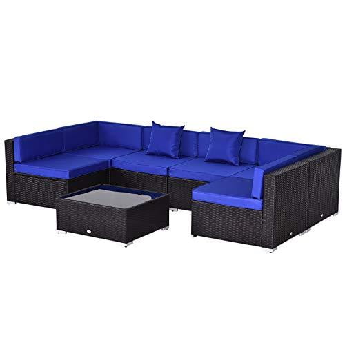 Outsunny 7pc Garden Wicker Sectional Set w/Tea Table Patio Rattan Lounge Sofa with Cushion Outdoor Deck Furniture All Weather Blue
