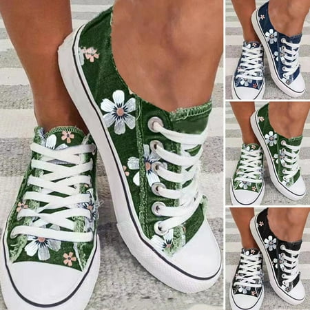 

Mairbeon Lace Up Canvas Shoes Non-Slip Rubber Sole Flower Print Low Cut Flat Shoes Footwear