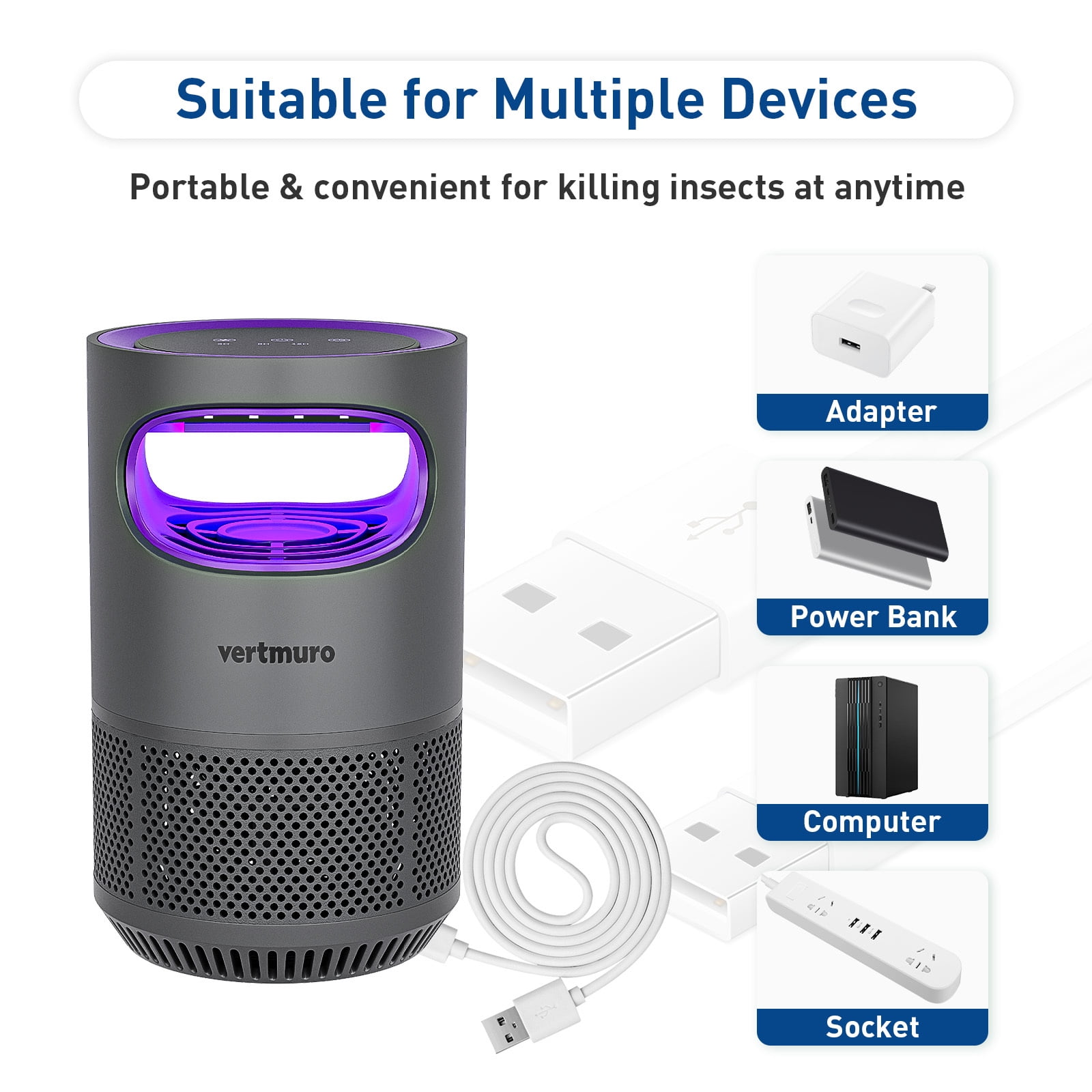 Indoor Insect Trap, 2-Mode Bug Catcher & Killer with Strong Suction, Time Setting, UV Light, Mosquito Bug Zapper for Fruit Flies, Gnats, Moths