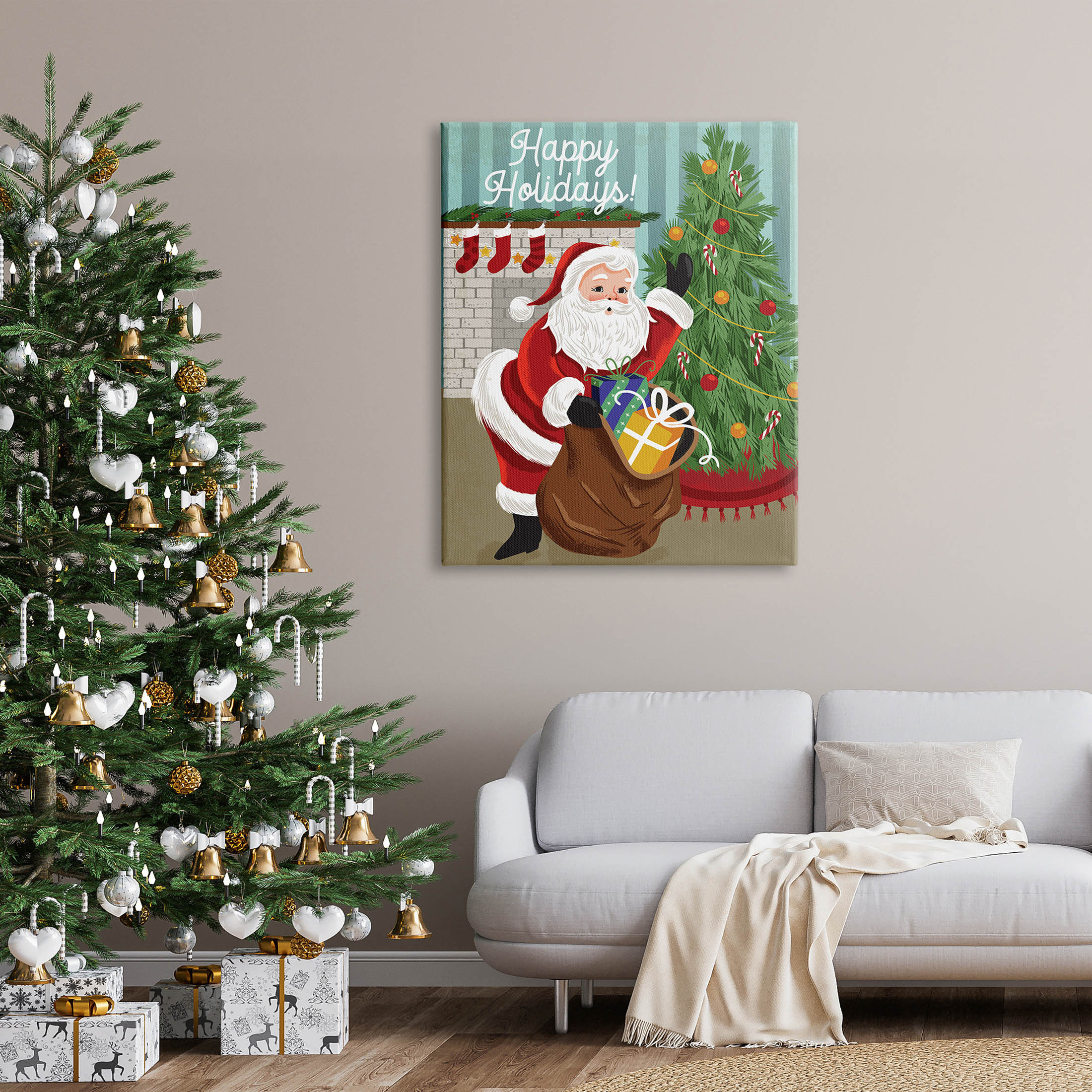 Happy Holidays Santa Gift Bag Holiday Graphic Art Gallery Wrapped Canvas Print Wall Art