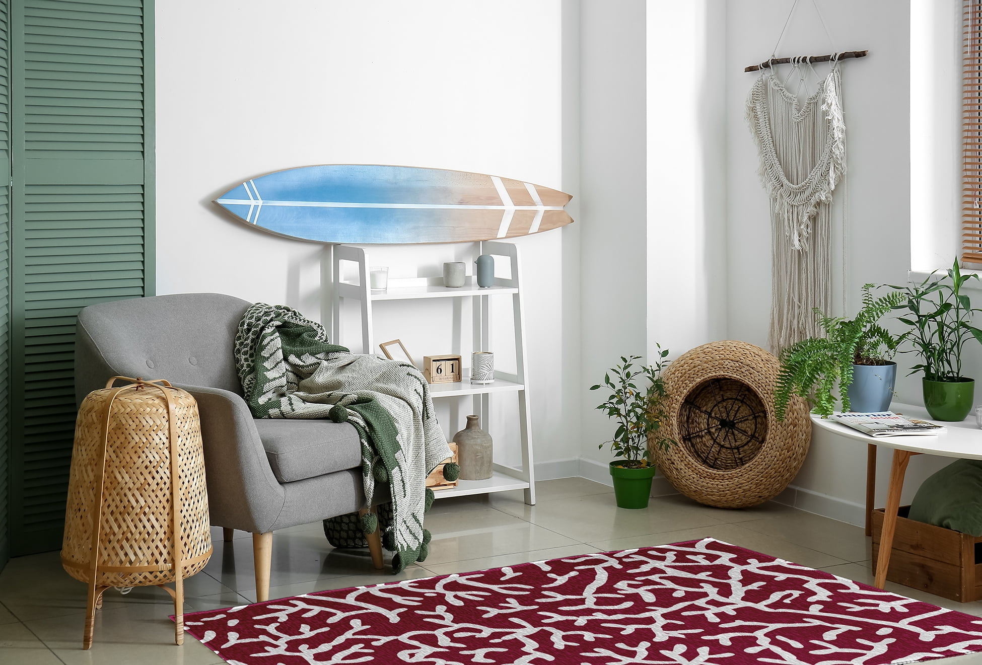 4' x 6' Simply Daisy Seaweed Beach Style Chenille Area Rug, Maroon Red