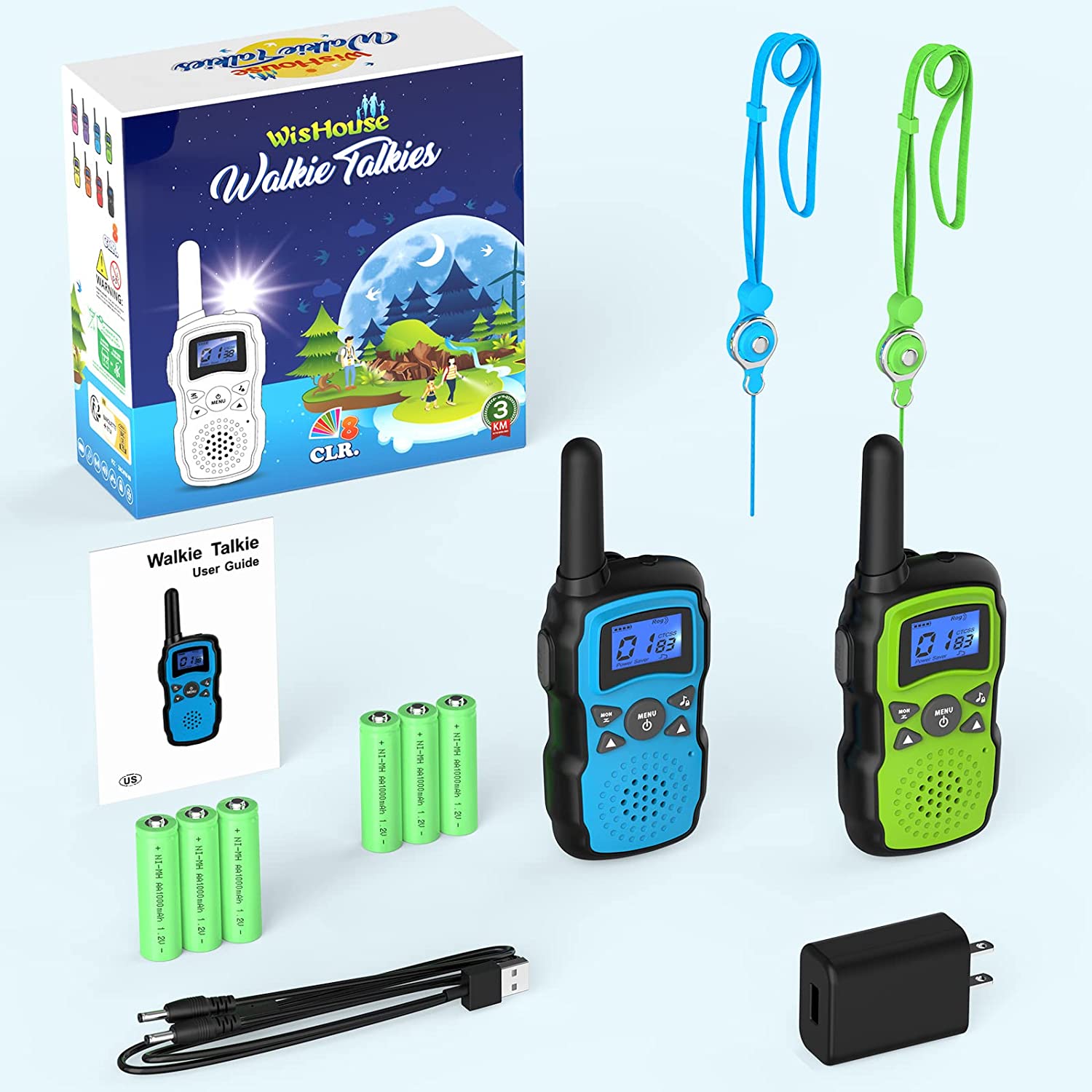 Wishouse Rechargeable Walkie Talkies for Kids Long Range with USB Charger,Outdoor  Camping Games with Flashlight Indoor Fun Army Toys for Boys Girls Family,Xmas  Birthday Gift for Year Old Children Blue Green