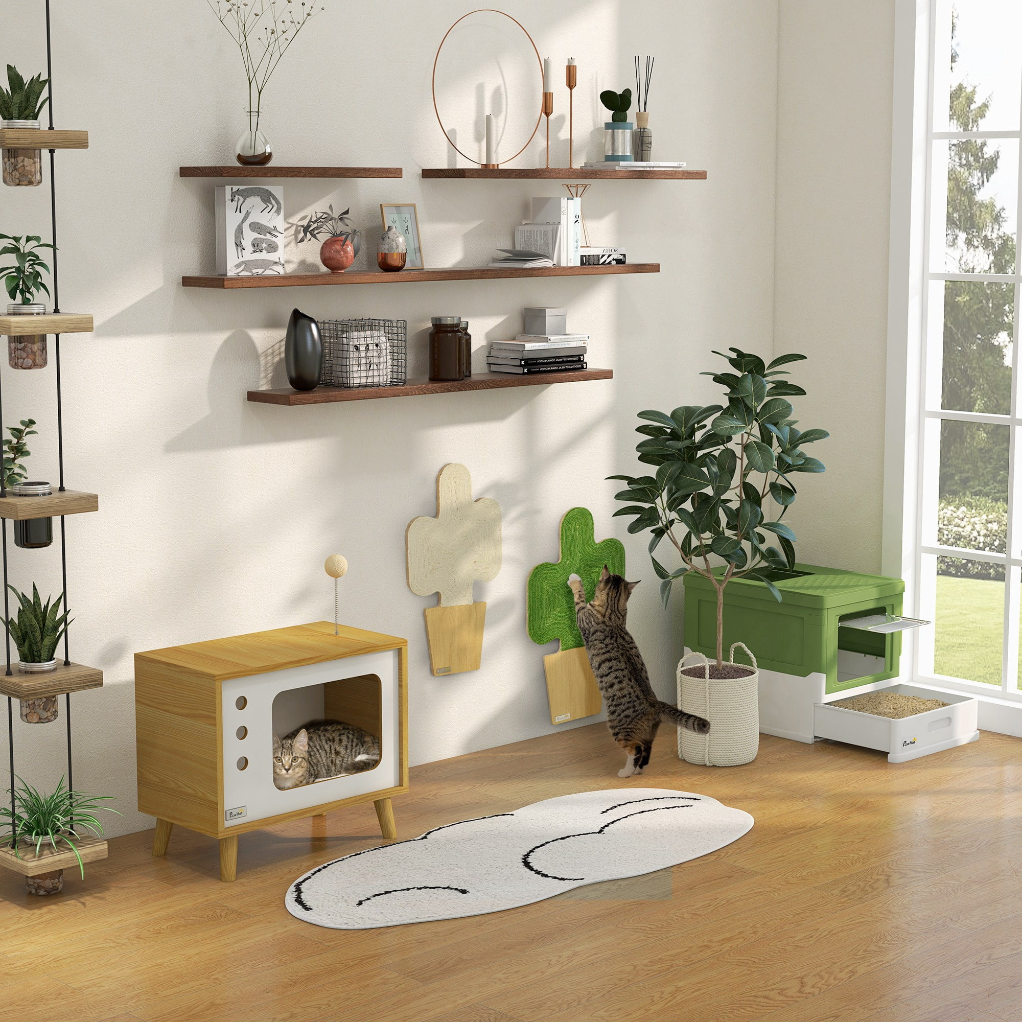 Fully Enclosed Cat Litter Box with Scoop Hooded Litter House Drawer Type Tray Foldable Smell Proof Front Entry Top Exit Large Space Pet Potty Yellowish Green