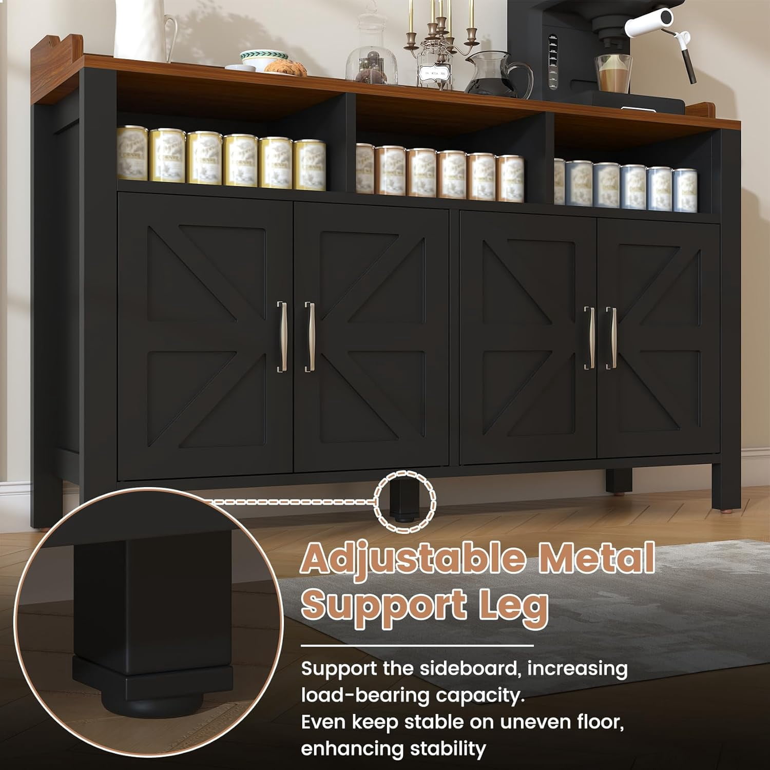 HAUXITIO 55" Farmhouse Buffet Cabinet with 4 Doors & Open Shelves,Kitchen Storage Sideboard for Dining Room & Living Room,Black