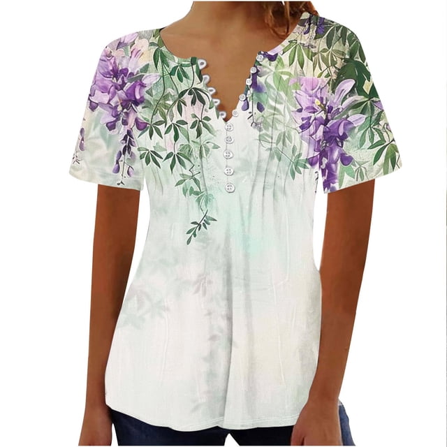 Blusas para Mujeres Casual Impreso en V-Cuello Botón Plegado de Manga Corta para el Hogar Y el Uso Diario