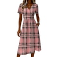 thumbnail image 5 of Minjewel Women's Plaid Mini Dress with V-Neck Short Sleeve - Gingham Summer Dress, Loose Flowy Beach Party Outfit, Preppy Comfy Vacation Top,Pink,M, 5 of 6