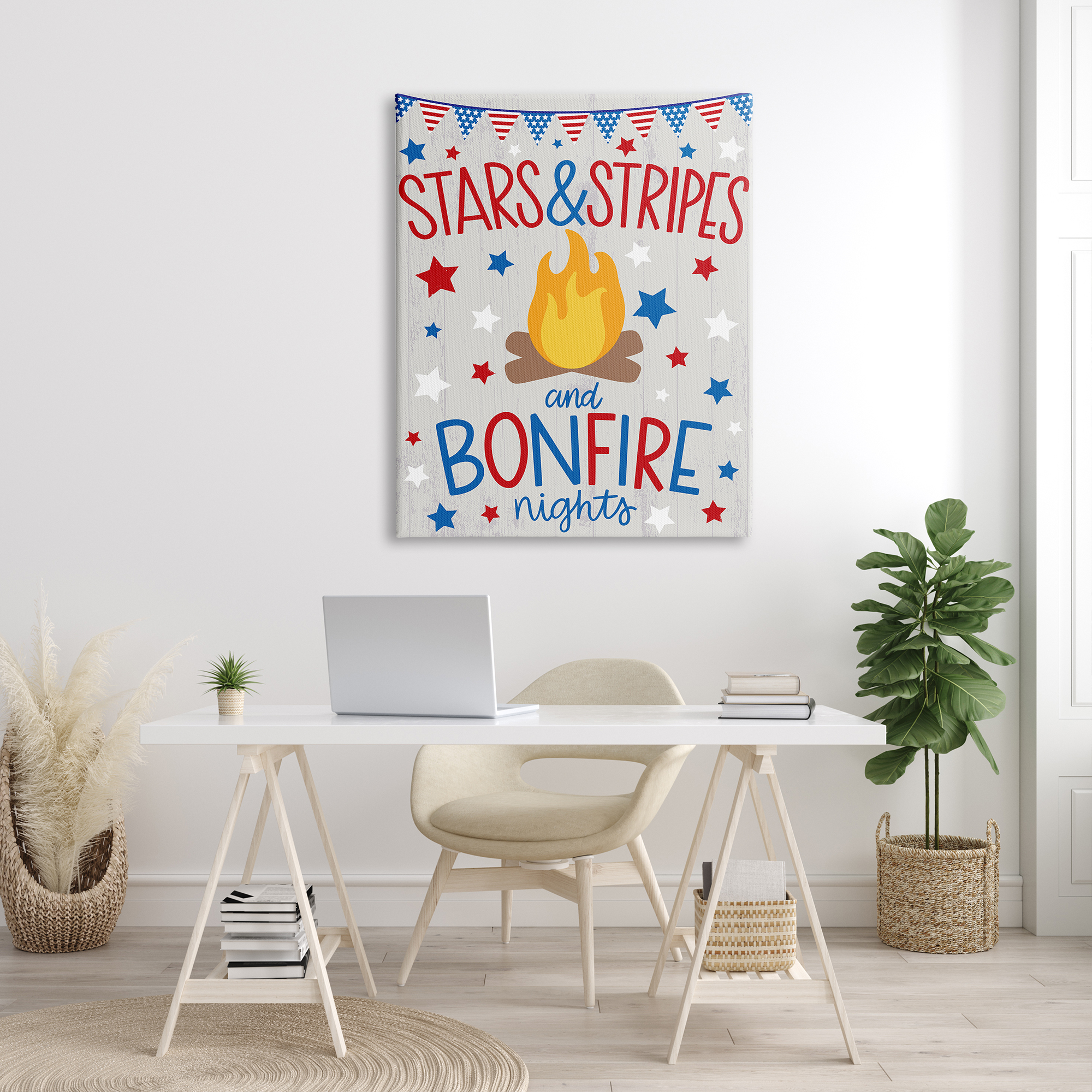 Stupell Industries Stars Stripes and Bonfire Phrase Nights Americana Pride Holiday Painting Gallery Wrapped Canvas Print Wall Art, 36 x 48