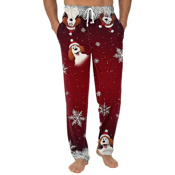 Fabrcox Black Pajama Pants Men Straight Leg Mens Christmas Pj Pants Christmas Santa Claus Printed Elastic Waist Sleep Pajama Bottoms Deep Red M