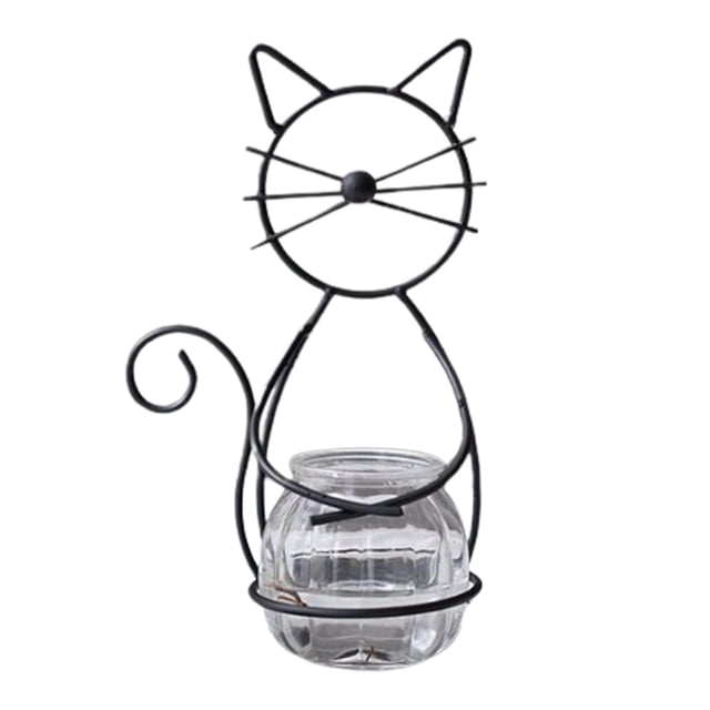 Macetero de cristal para escritorio, maceta bonita para flores, contenedor con forma de gato, florero hidropónico para plantas al aire libre, jardín, Negro
