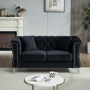 DeeHome 60.2" Chesterfield Sofa Beige Velvet for Living Room, 2 Seater Sofa Tufted Couch with Metal Foot and Nailhead for Living Room, Bedroom, Office, Apartment, two pillows
