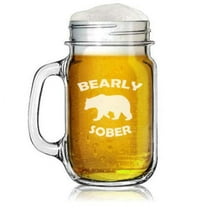 16oz Mason Jar Glass Mug w/Handle Bearly Sober Bear Funny