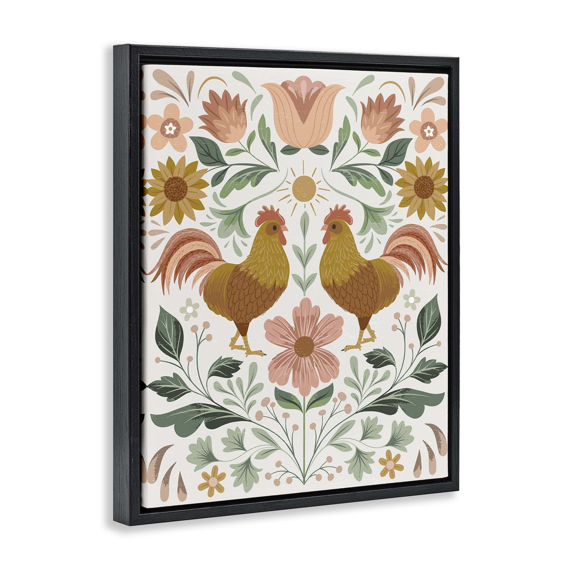 Stupell Industries Hen & Florals Pattern Animals Painting Black Floater Framed Canvas Art Print Wall Art, 17 x 21
