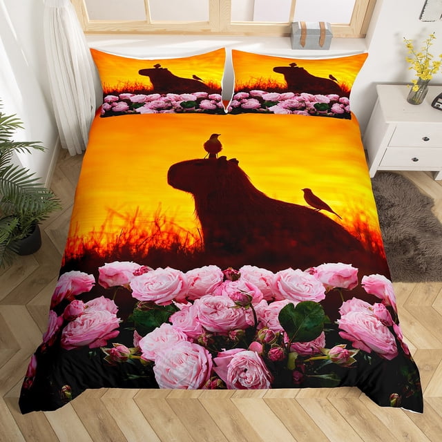 Capybara Housse de Couette Double Florale Capybara Ensemble de Literie pour Amoureux Housse de Couette Animal Rongeur Mignon Capybara Cadeaux pour Filles Femmes, Ensemble de Lit Fleurs Roses Romantiques 2 Pcs avec 1 Taie d'Oreiller