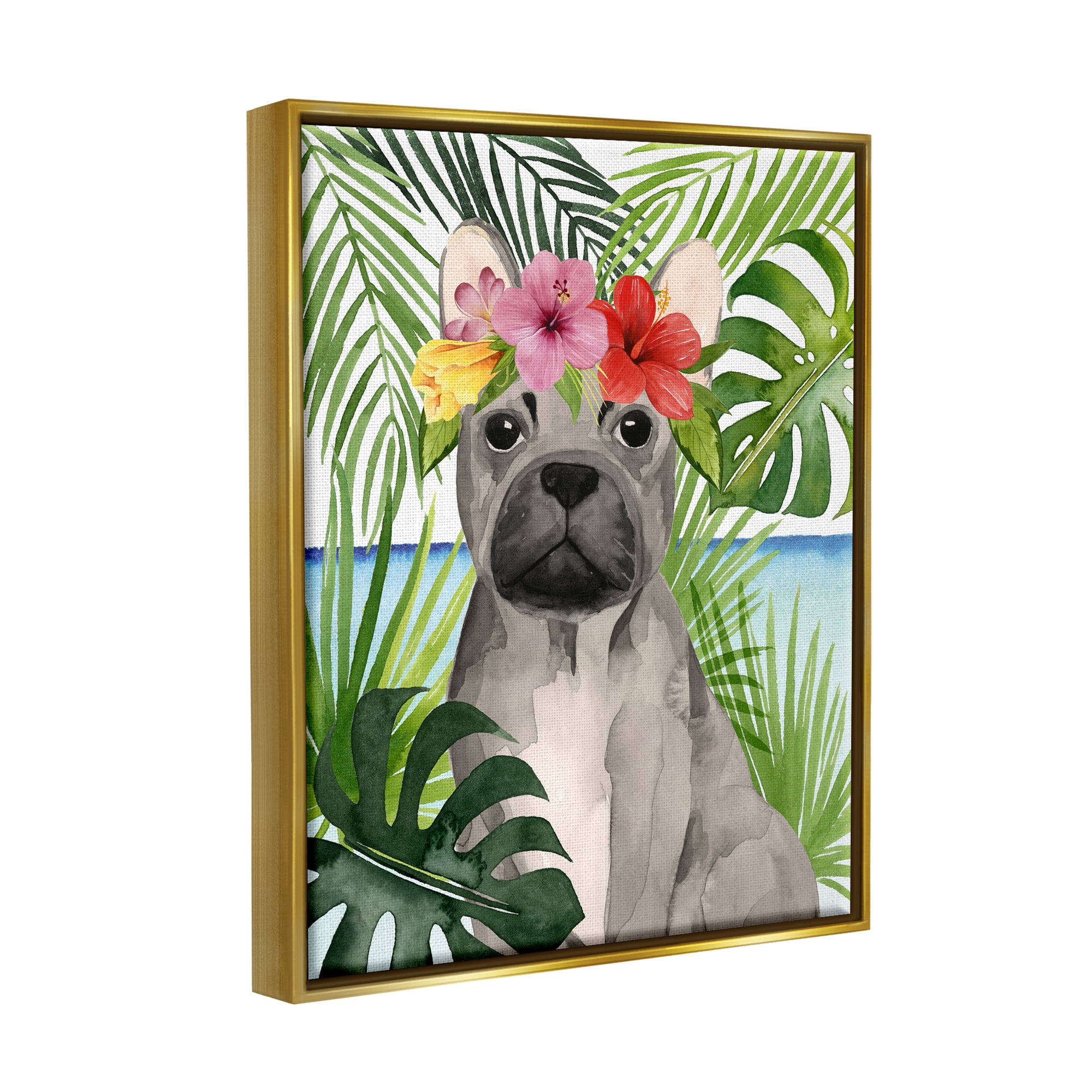 Stupell Industries Tropical French Bulldog Animals & Insects Painting Gold Floater Framed Canvas Art Print Wall Art, 17 x 21