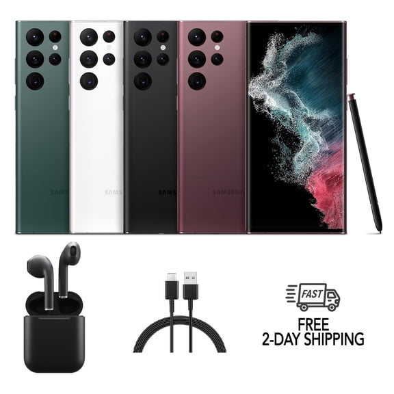 Pre-Owned Samsung Galaxy S22 Ultra 5G S908U (Fully Unlocked) 128GB Phantom Black w/ Wireless Earbuds