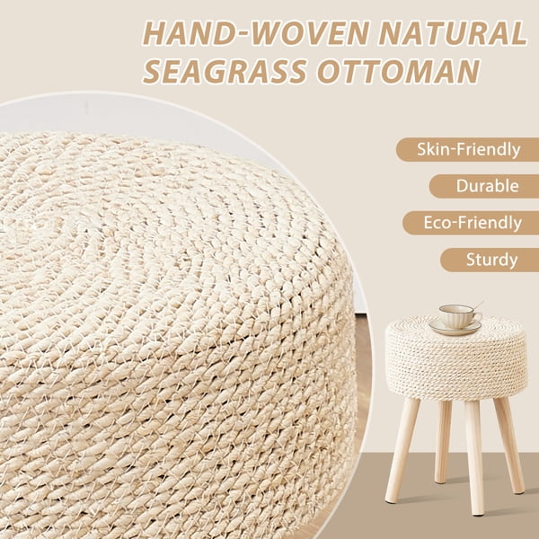 Round Ottoman Footstool Natural Seagrass Foot Stool Pouf Ottomans with Solid Wood Legs Hand Weave Hyacinth Footrest Step Stool for Living Room Balcony Garden Natural