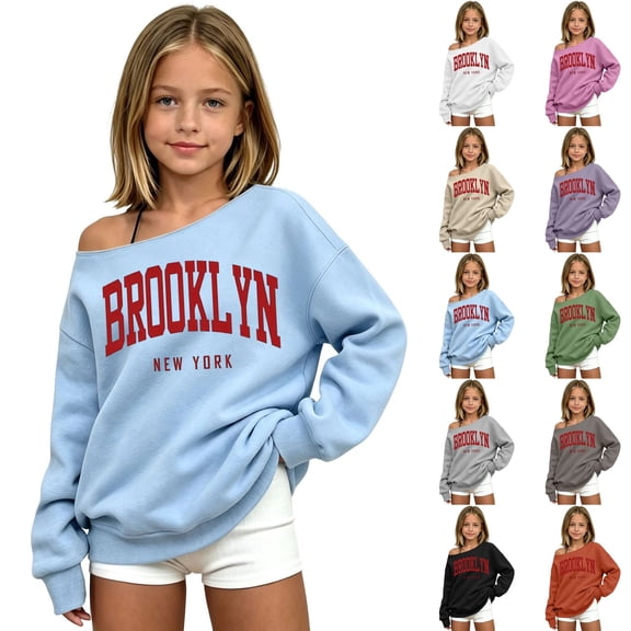 Shadoumai Girls Off the Shoulder Sweatshirts Brooklyn Letter Print Tops Cute Trendy Fall Pullover for Teen Girl Long Sleeve Kids Clothes