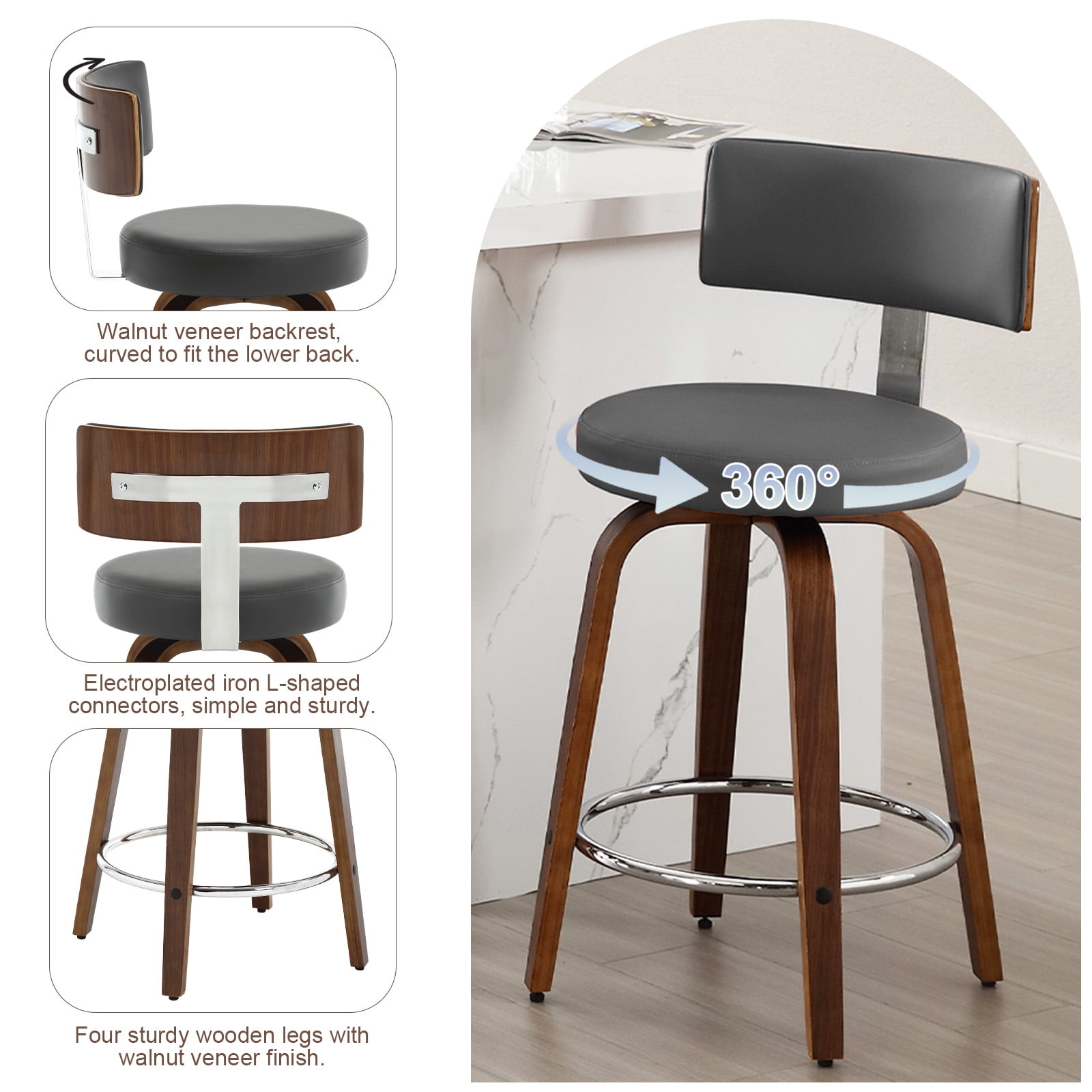 ANMINY Bar Stools Set of 2 360° Swivel with Back and Round Seat PU Leather Barstools 26" Bar Height Upholstered Bar Chairs Island Stools for Kitchen Counter