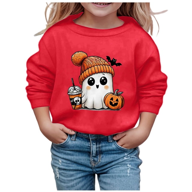 GDREDA Sweat à Capuche Tendance pour Filles Imprimé Mignon Manches Longues pour Enfants Idéal pour Halloween Col Rond Confort Rouge, 11-12 Ans