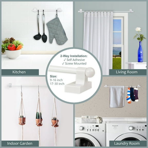 Self-adhesive or Wall Mounted Rod 17-30 inch long - White
