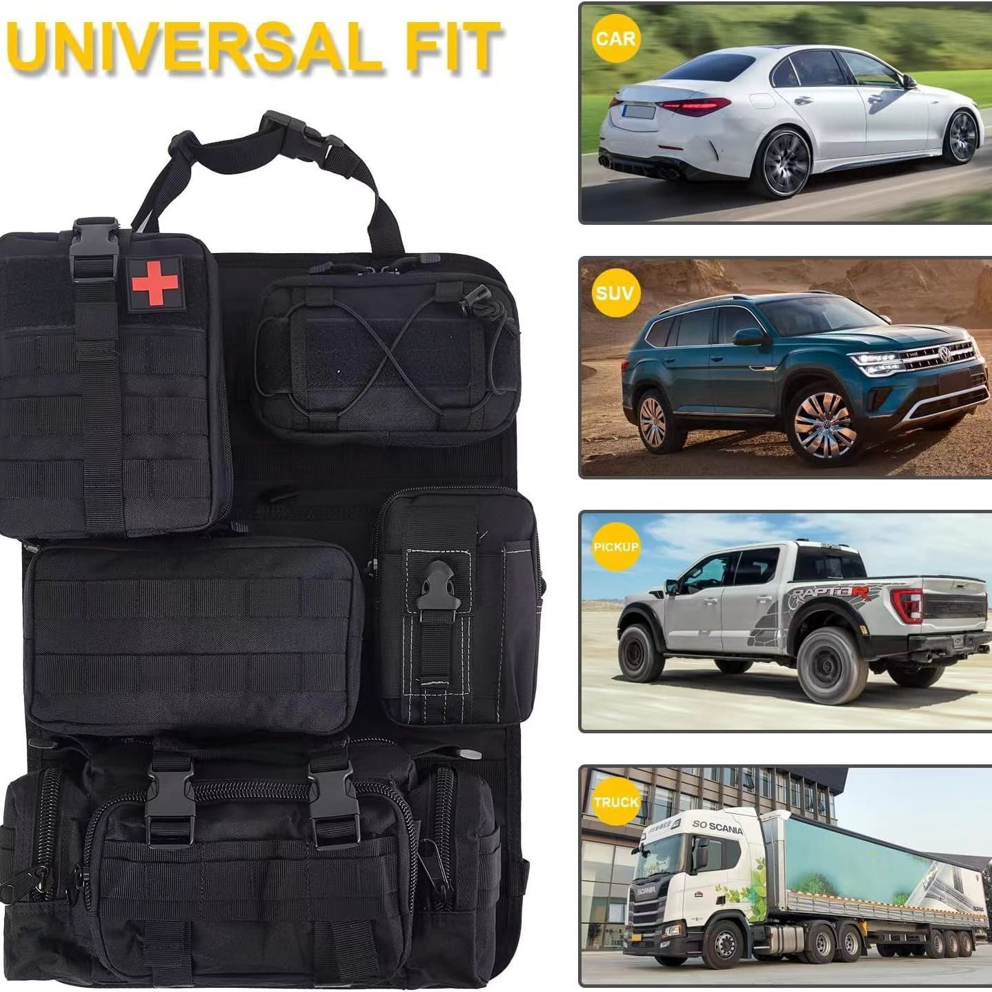 Arsey Universal Tactical Vehicle Backseat Car Organizer with 5 Detachable Pouches, 1000D Oxford clothfabric Back Seat Protector for Auto Interior Organization, Black