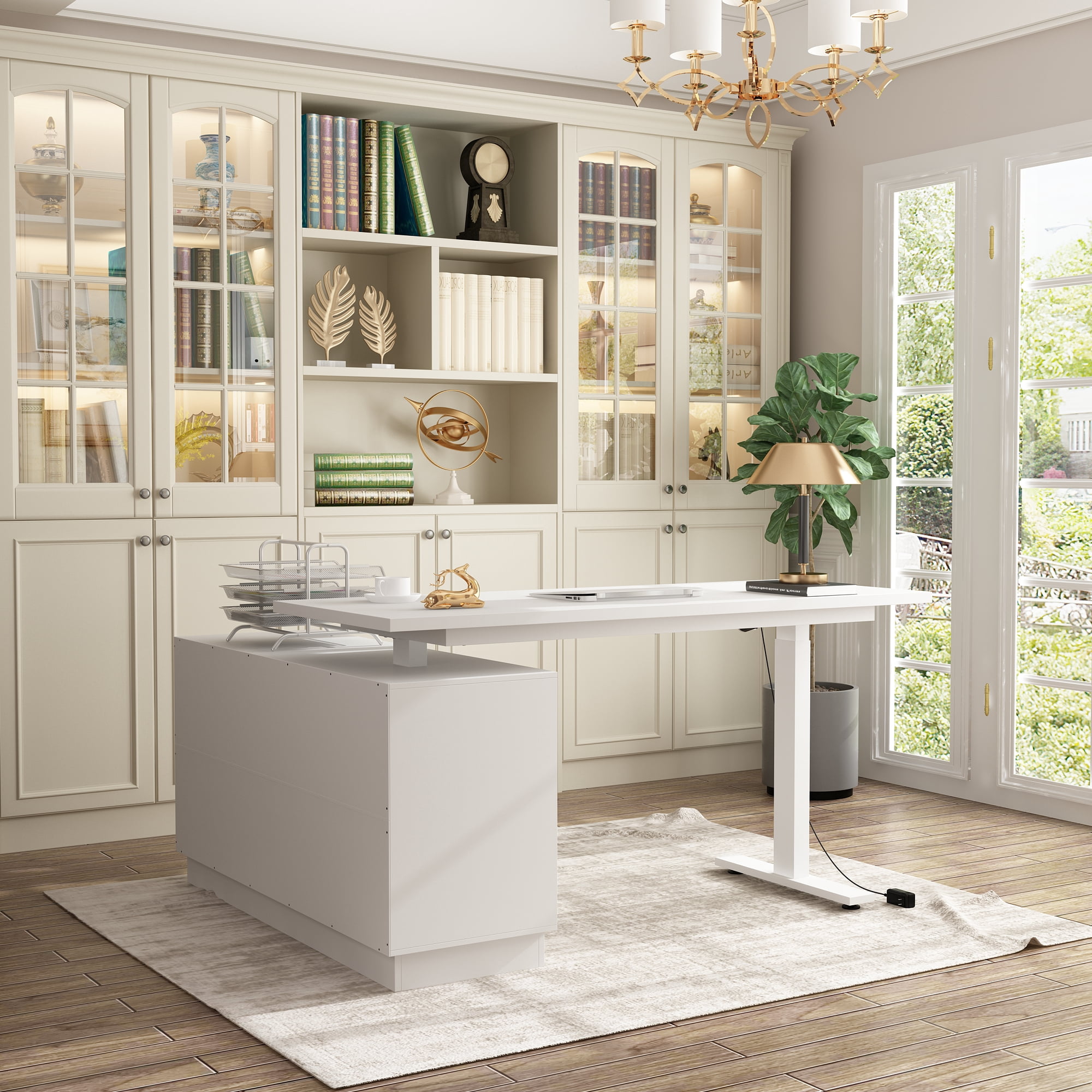 KULAGAGA L Shaped Standing Desk Height Adjustable, 54.3" W Electric Sit Stand Desk with Drawers & Storage Cabinet, Reversible Home Office Table Corner Computer Workstation, White (29.5"-44.5" H)