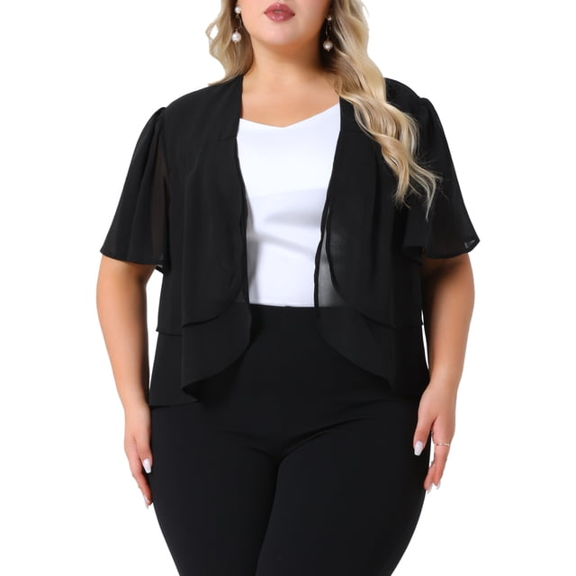 Cárdigan corto de talla grande Agnes Orinda para mujeres, de manga corta, abierto por delante, ligero y transparente, 1X negro