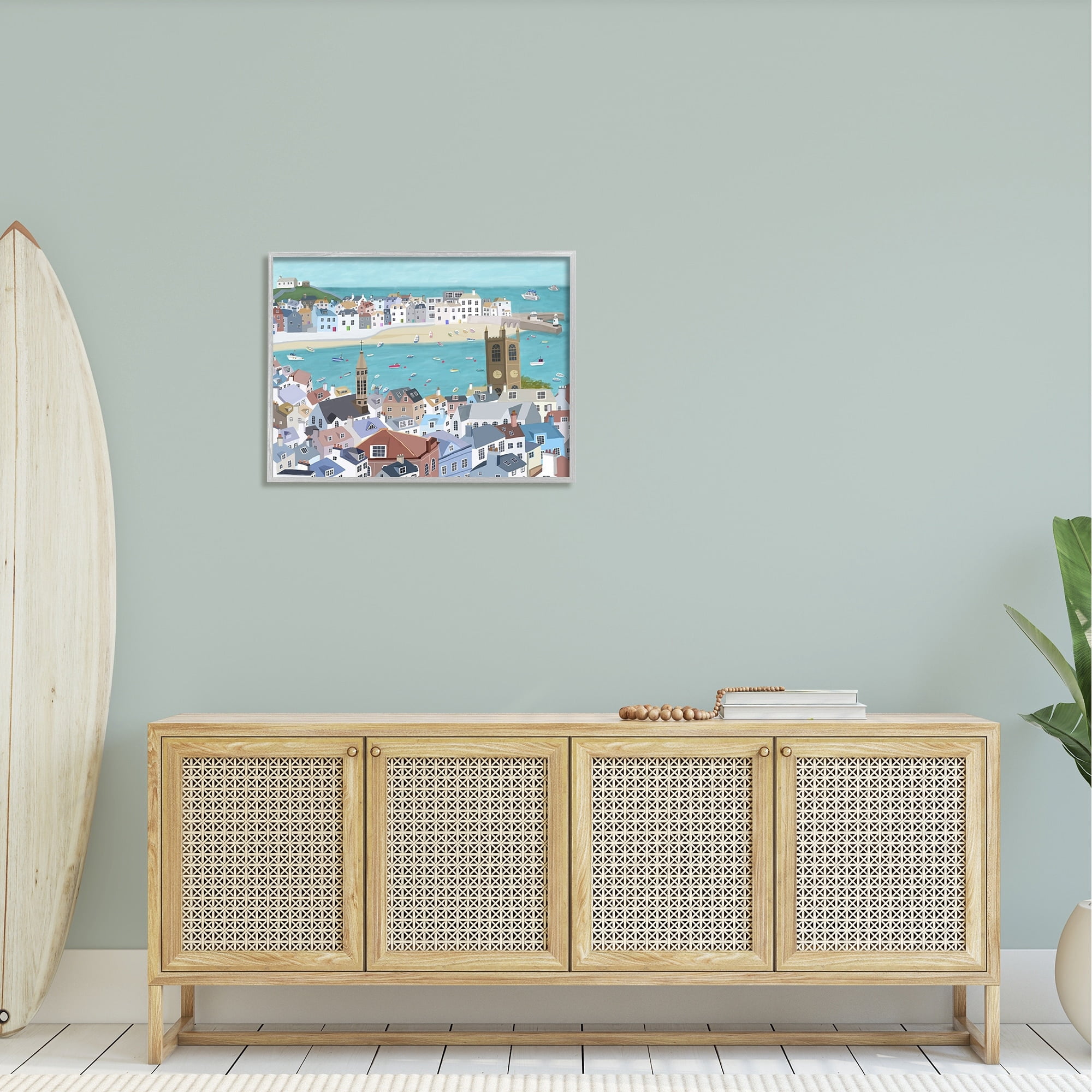 Stupell Industries Beach Town City Buildings Ocean View Illustration Graphic Art Gray Framed Art Print Wall Art, 30x24, by Carla Daly