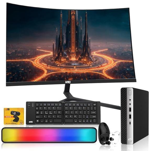 Restored HP EliteDesk G5 Tiny Mini PC,Intel i5,16GB RAM,256GB SSD+500GB HDD,27" Curved Monitor,Foldable Wireless Keyboard/Mouse with Built-in Earbuds,RGB Soundbar,Webcam,USB WiFi & BT,Windows 11