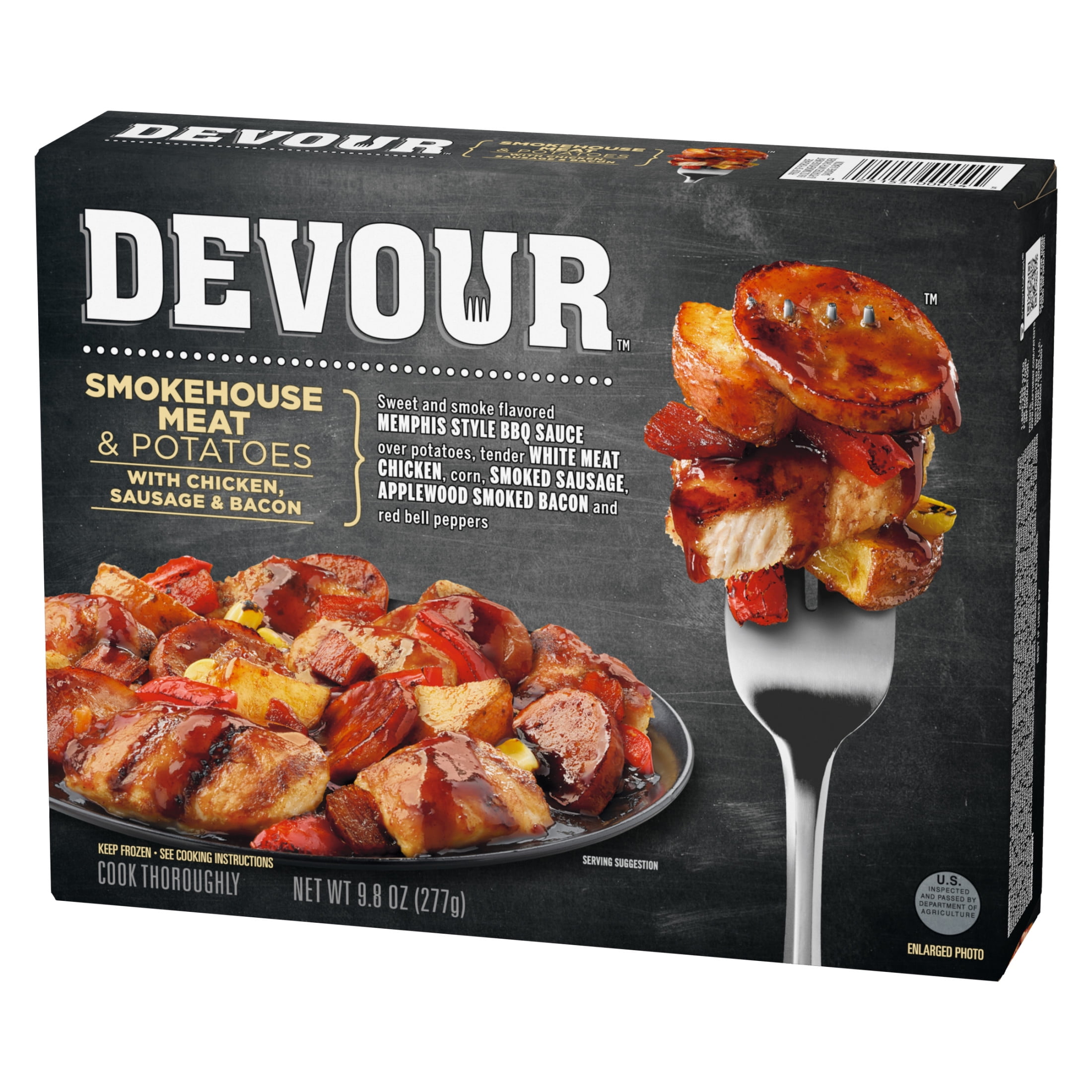 DEVOUR Smokehouse Meat & Potatoes with Chicken, Sausage & Bacon in Memphis Style BBQ Sauce Frozen Meal, 9.8 oz Box