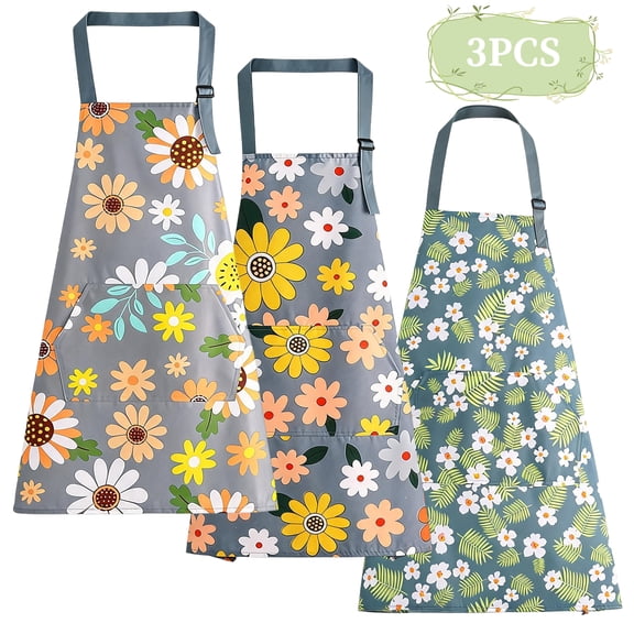 Waterproof Kitchen Aprons 3-Pack, Floral Cooking Apron with Pocket