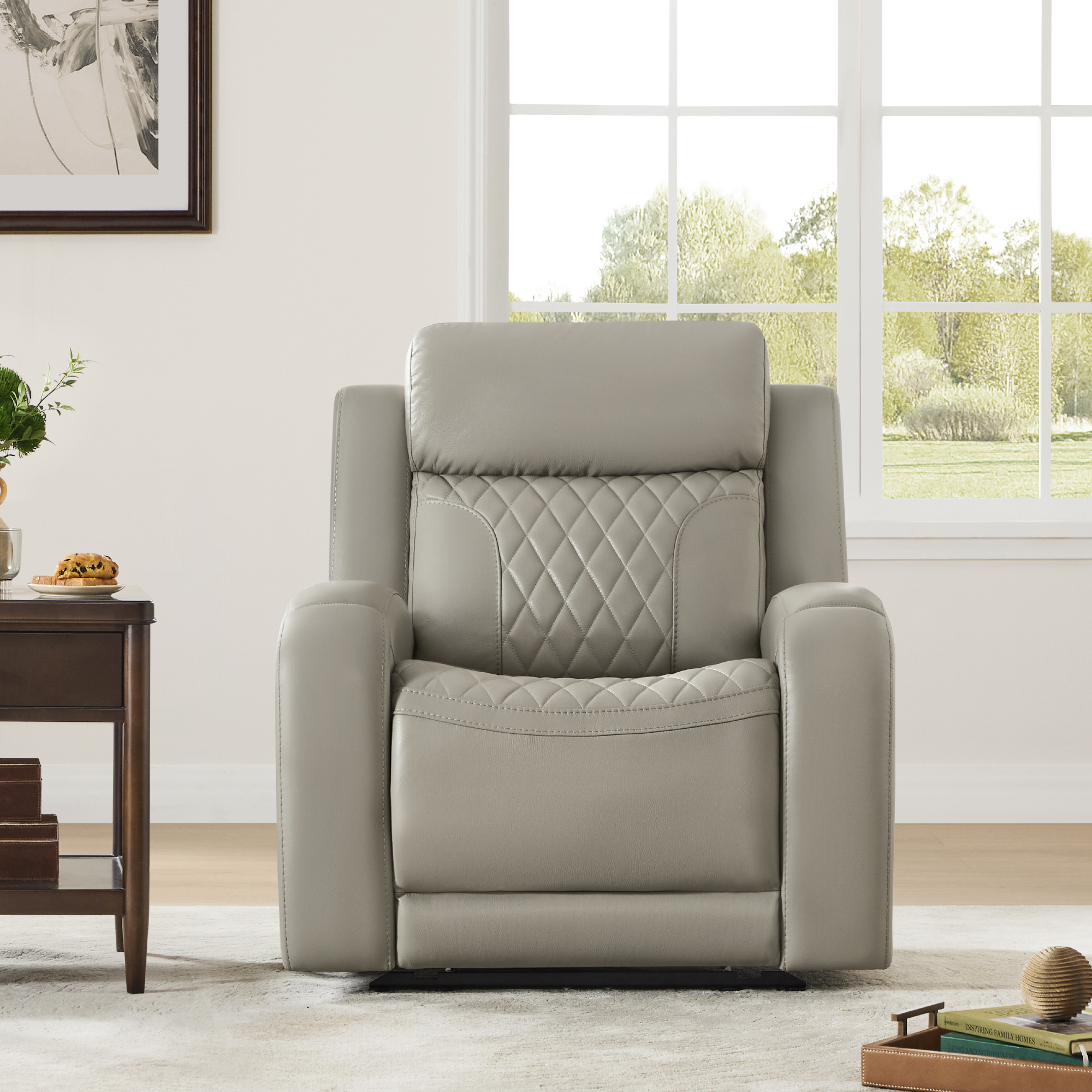 Spruce & Spring Leather Dual-Motor Lay Flat Recliner with Diamond Quilting, Light Gray