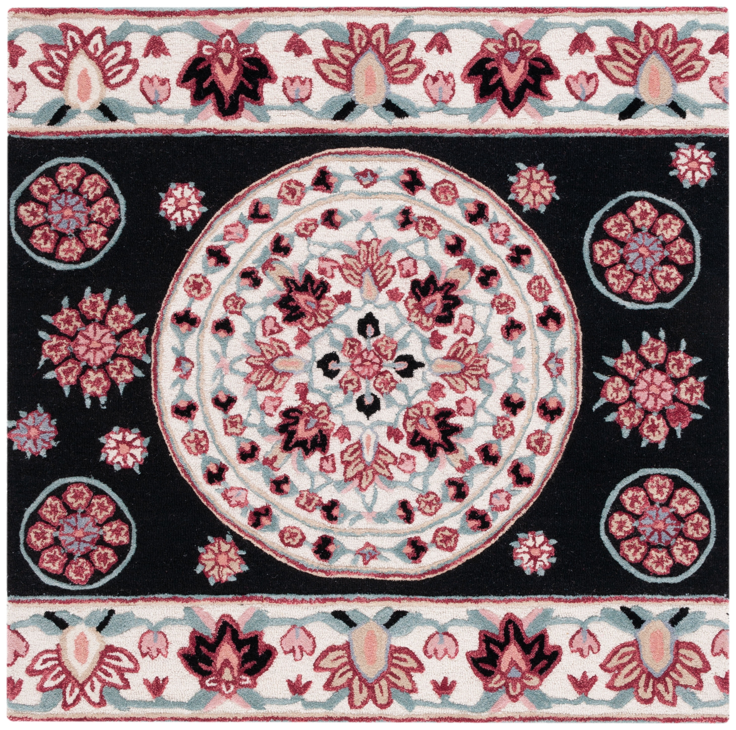 SAFAVIEH Bellagio Vanessa Floral Wool Area Rug, Black/Ivory, 5' x 5' Square