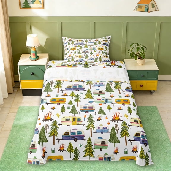 Erosebridal Kids Camping Twin Sheet Sets For Camper Gifts,Colorful Cartoon RV Bedding For Girl Kids 3-Piece